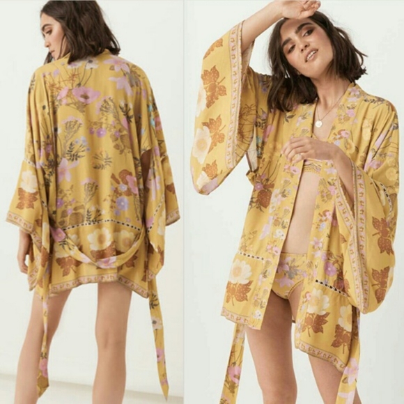 Spell wild bloom short robe kimono mustard M/L - Picture 1 of 11